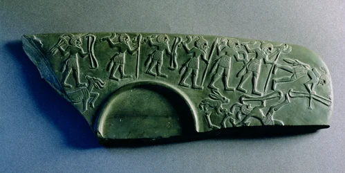 Fragment of a Palette with a Hunting Scene, from Abydos, c.3300-3100 BC